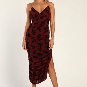 Eloquent Essence Burgundy Burnout Velvet Floral Midi Dress